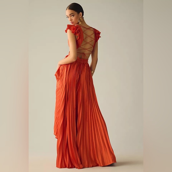 Mac Duggal Pleated Flutter Sleeve Deep-V Lace-Up Gown - Picture 2 of 7